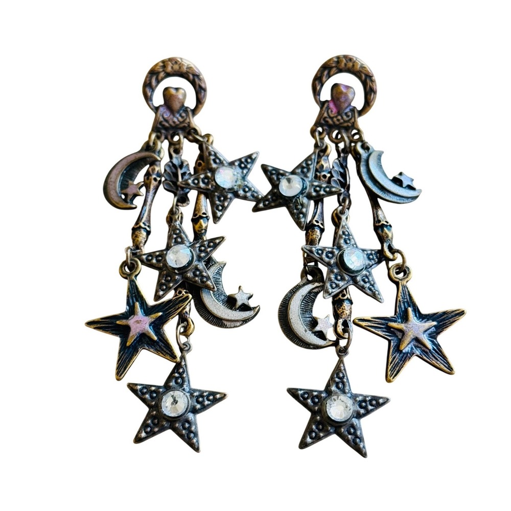 Whimsical Crescent Moon Star Earrings Rhinestone Celestial Dangle Chandelier 80s